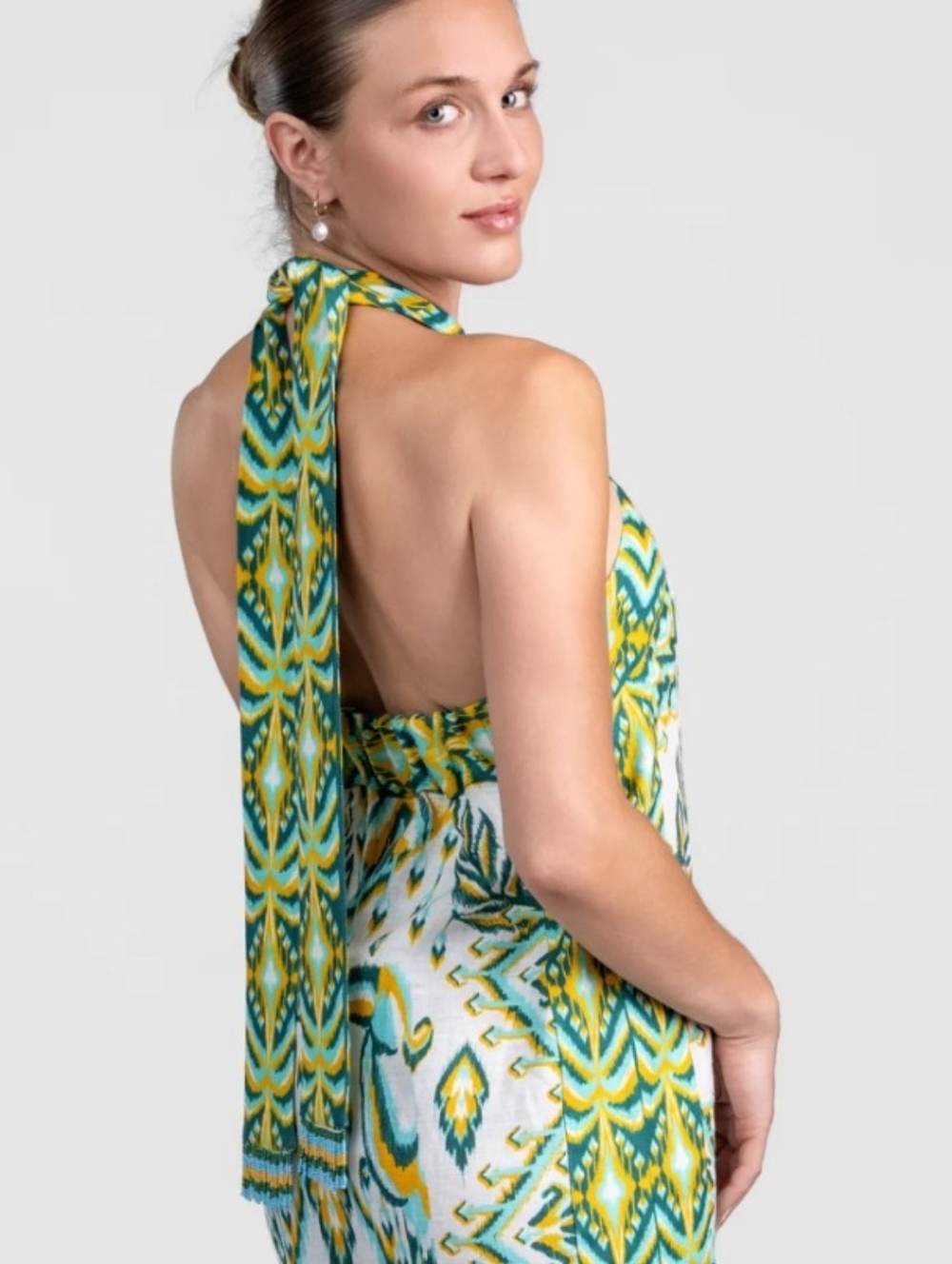 FARM RIO Blue/Greens & Cream Beads Tropical Tapestry Linen Halter Maxi Sundress - Picture 12 of 16